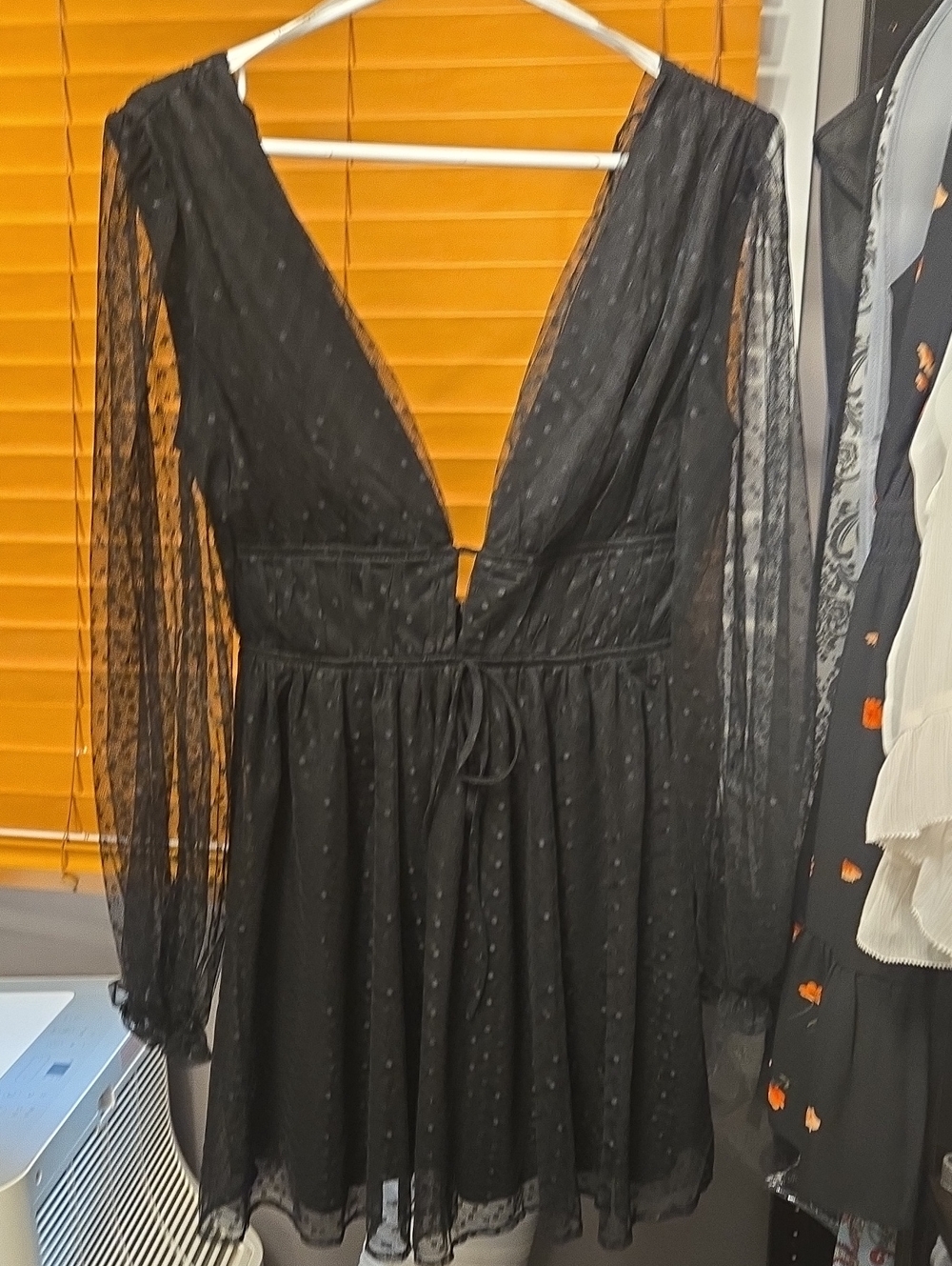 Lulu's Black Sheer Dot Mesh V-Neck Long Sleeve Dress